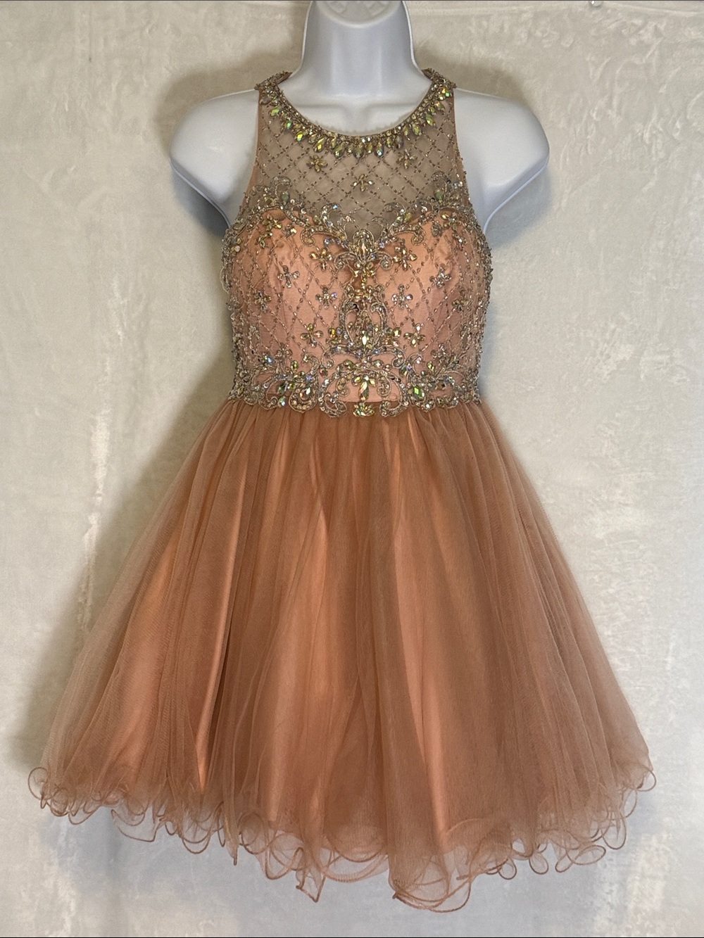 Embellished Tulle Party Dress in Peach